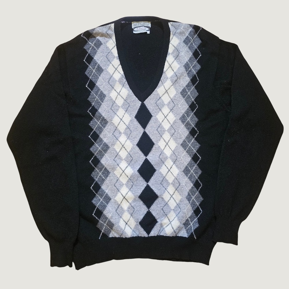 Lyle & Scott Mens 46 Argyle V-Neck Sweater Black Lambswool Made Scotland